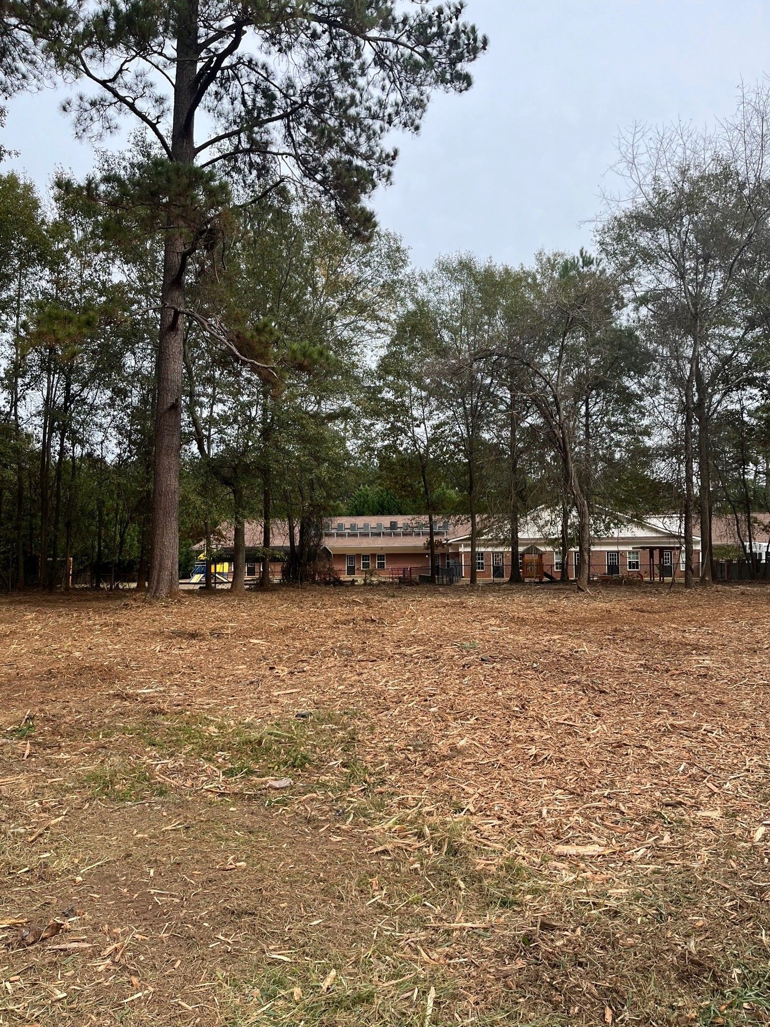 A large field with trees and a house in the background.