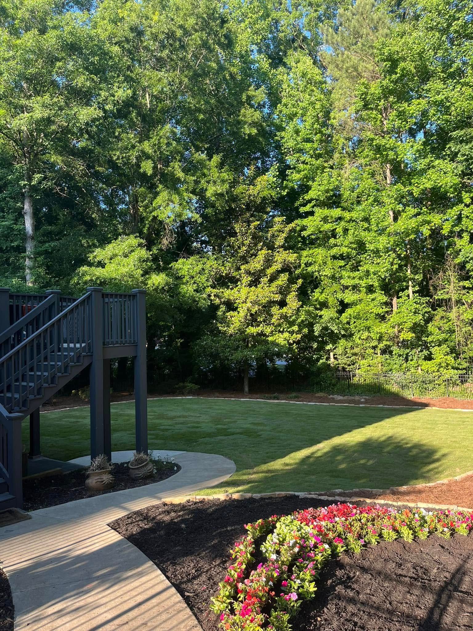 A lush green yard with a deck and stairs surrounded by trees.
