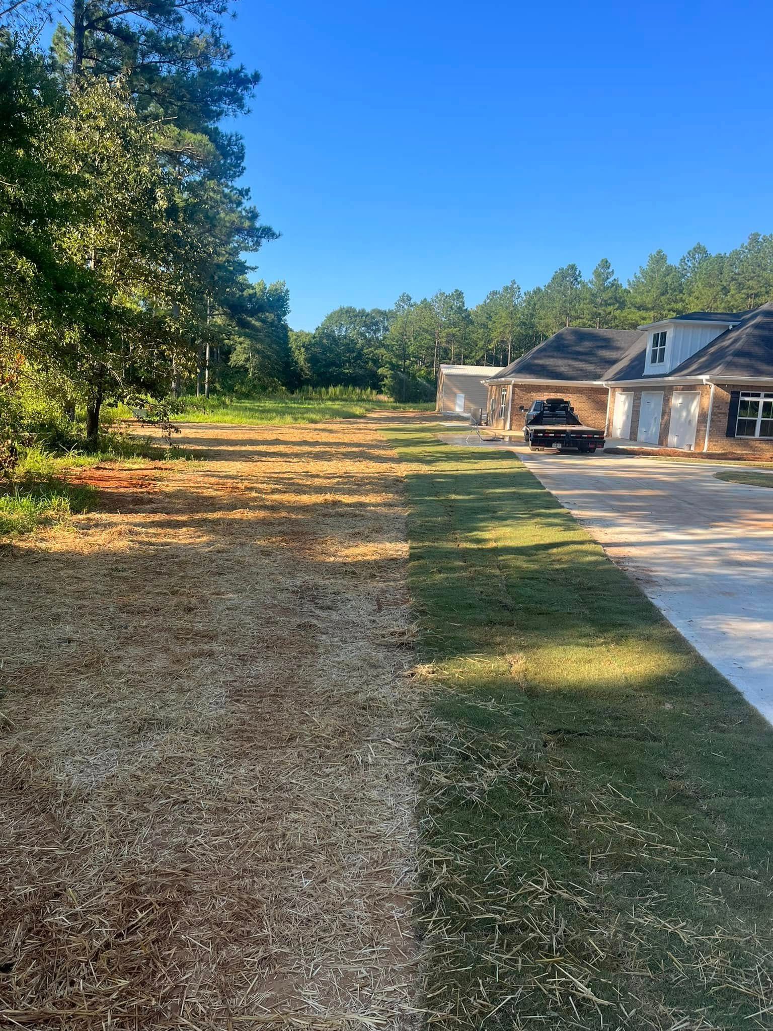 A before and after picture of a lawn with a house in the background.
