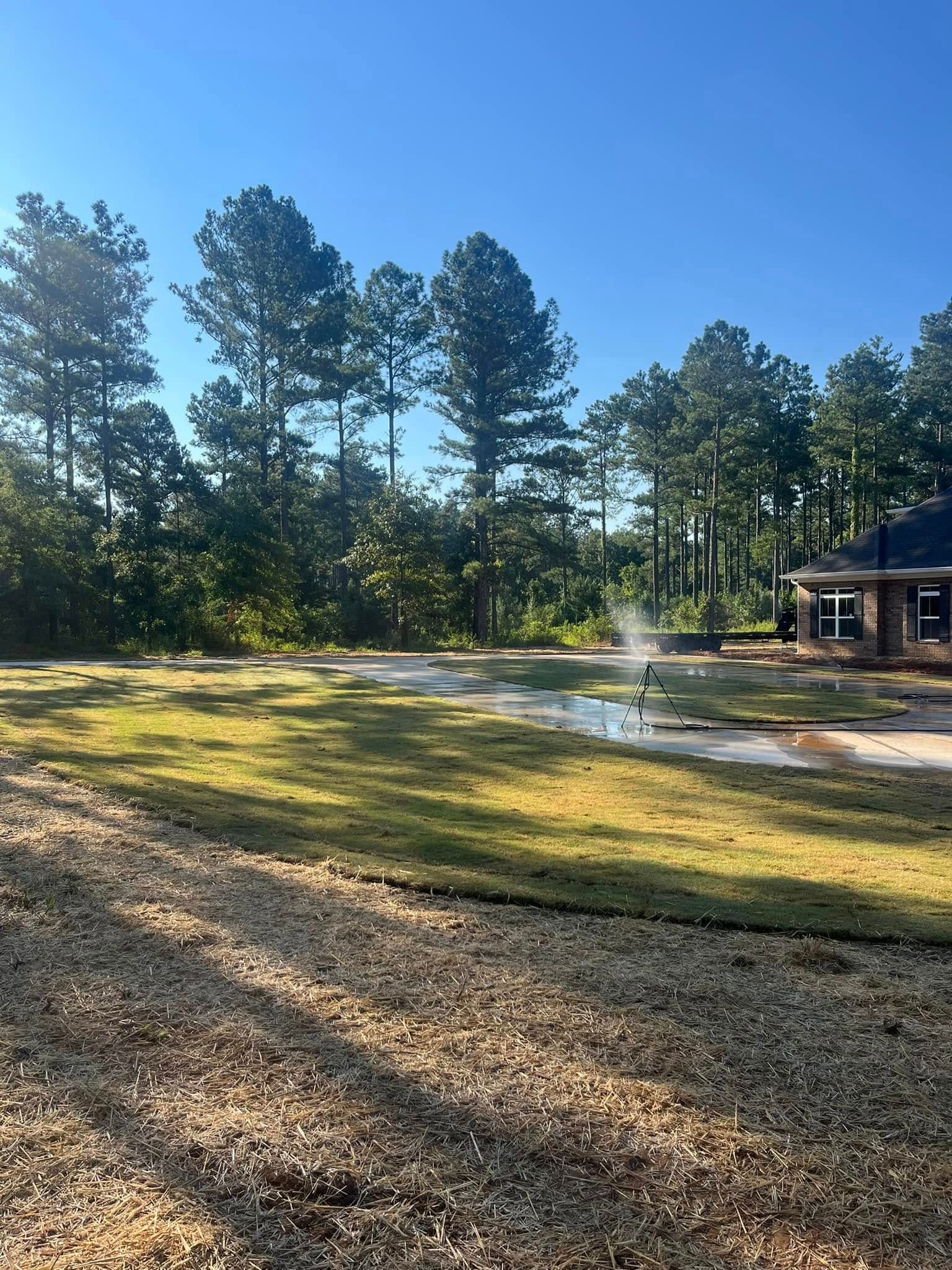 A house is sitting in the middle of a lush green field surrounded by trees.