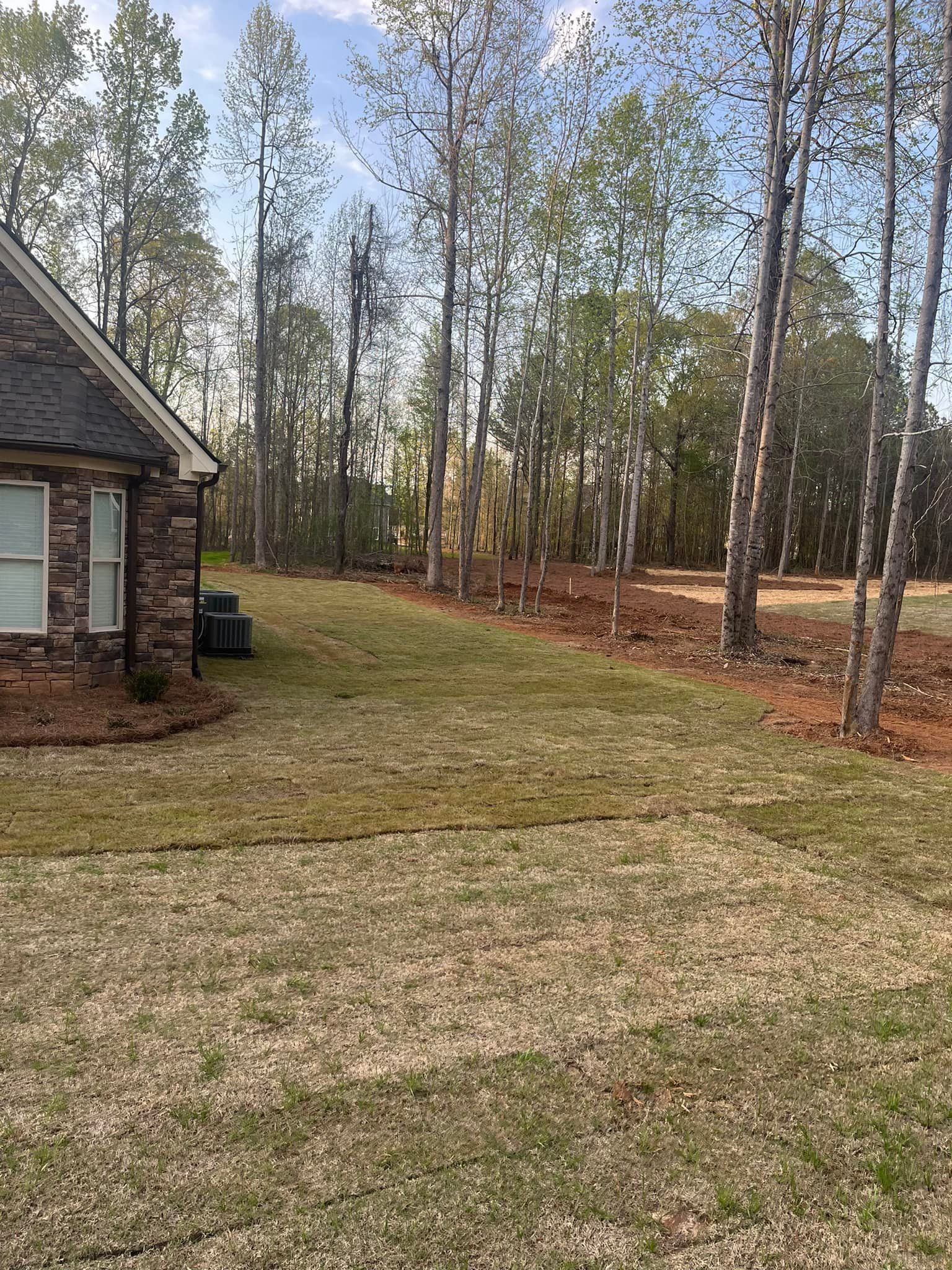 A house is sitting in the middle of a lush green field surrounded by trees.