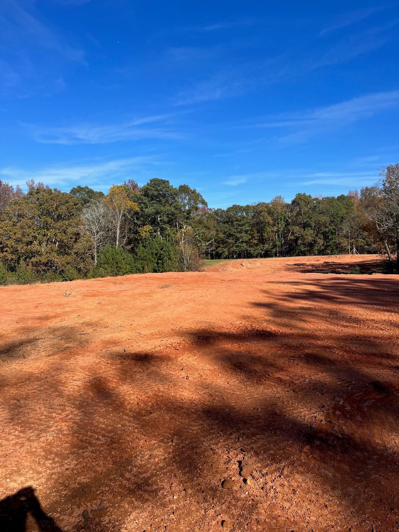 A dirt field with trees in the background on a sunny day.
