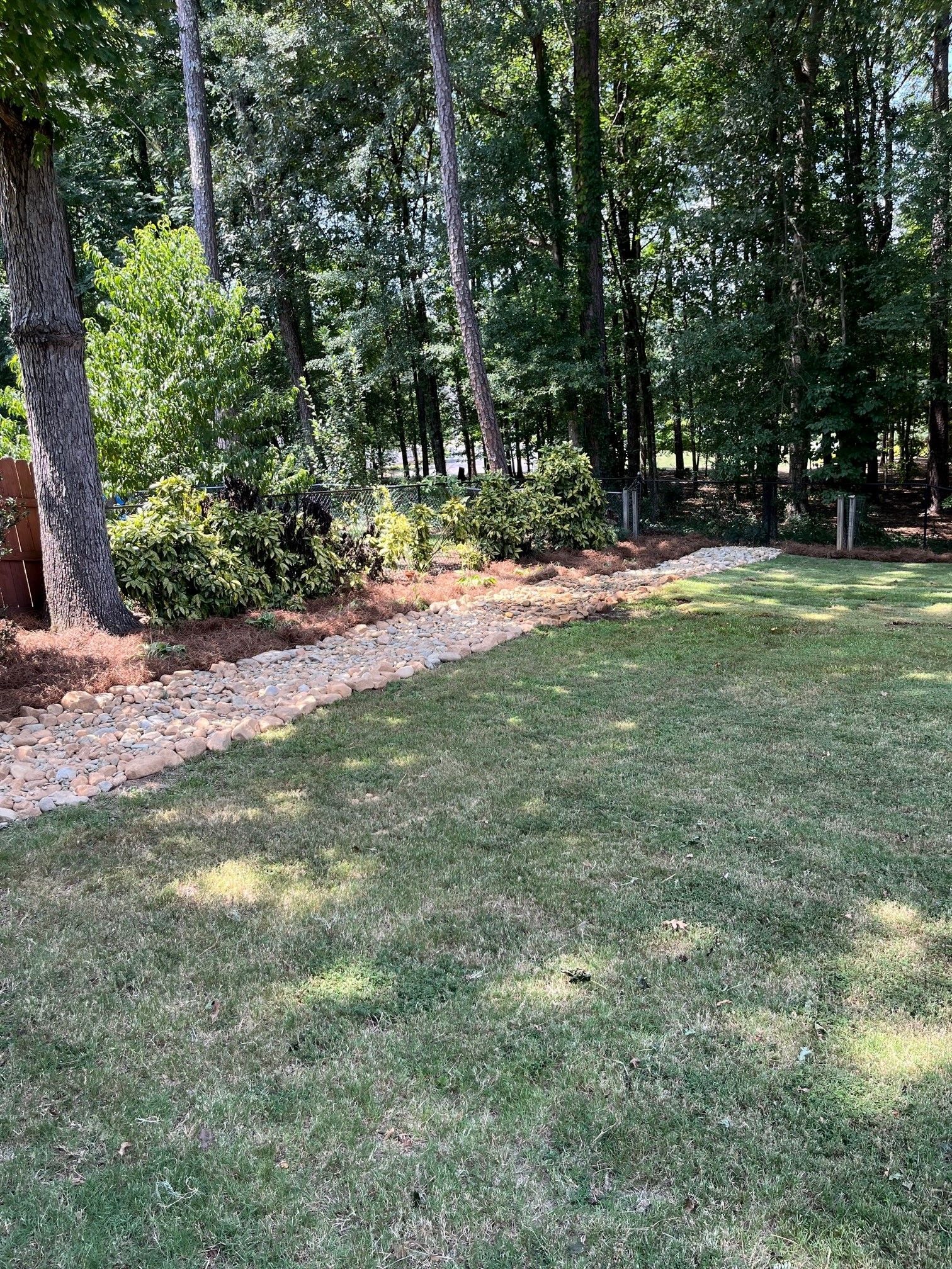 A lush green lawn surrounded by trees and a dirt path.