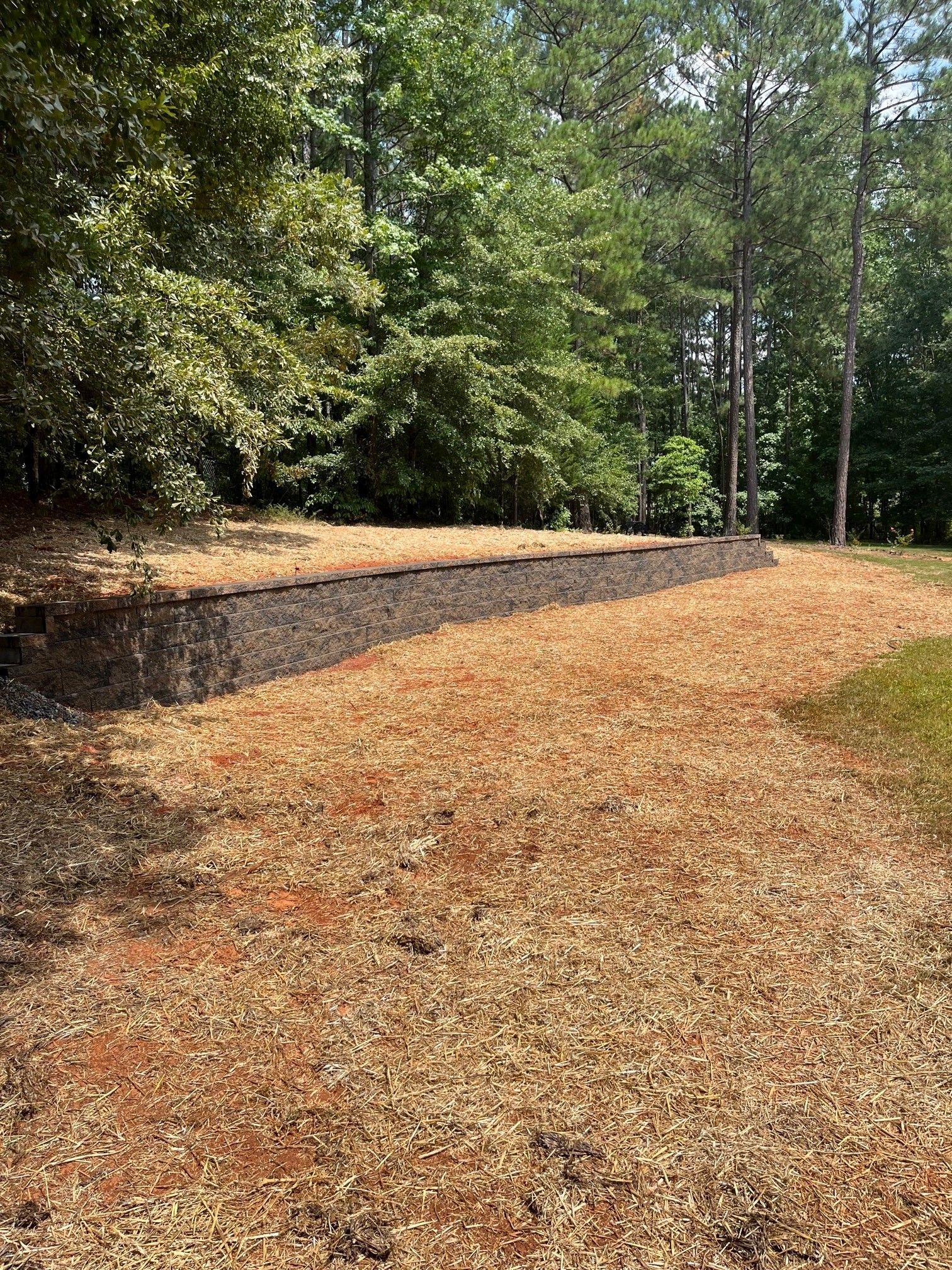 There is a stone wall in the middle of a field surrounded by trees.