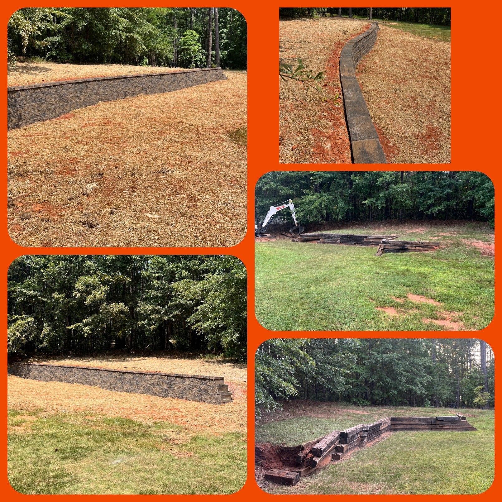 A collage of pictures shows a lawn before and after being landscaped