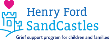 Henry Ford SandCastles logo with pink heart and blue childlike icon, “Grief support program for children and families”