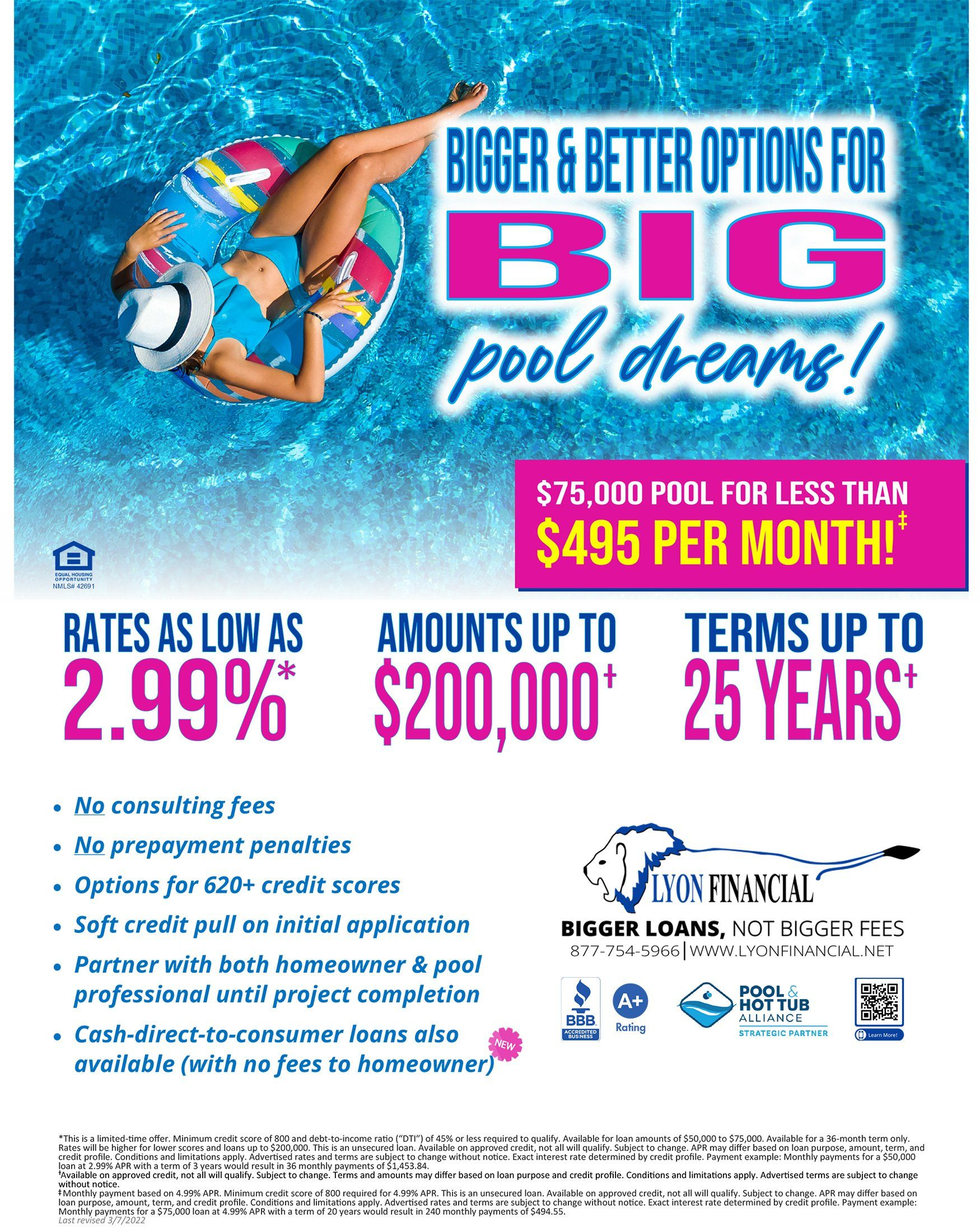 Woman in pool float, promoting pool loans: low rates, large amounts, long terms.