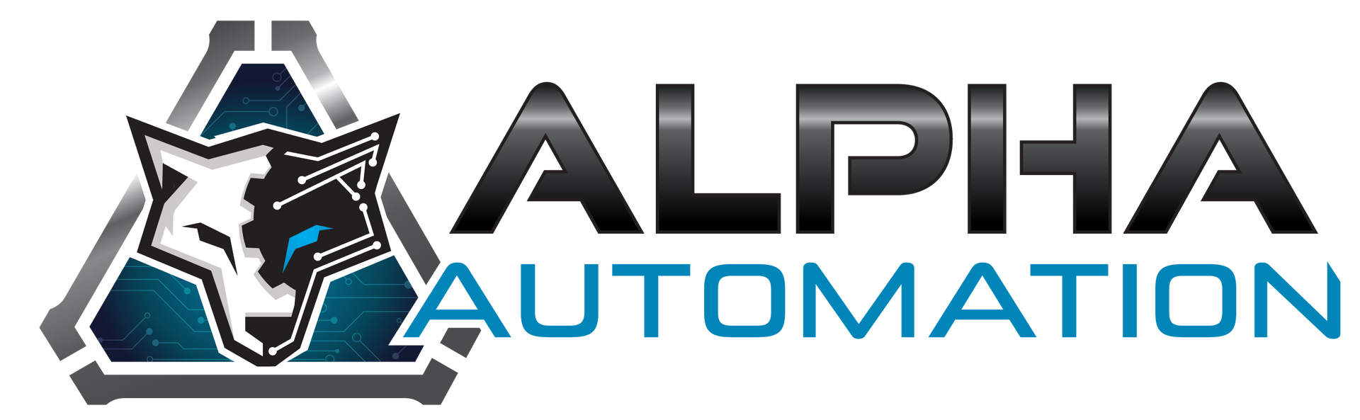 ALPHA AUTOMATION logo of a wolf with a technology background and one blue eye. MCC cabinet panel builders