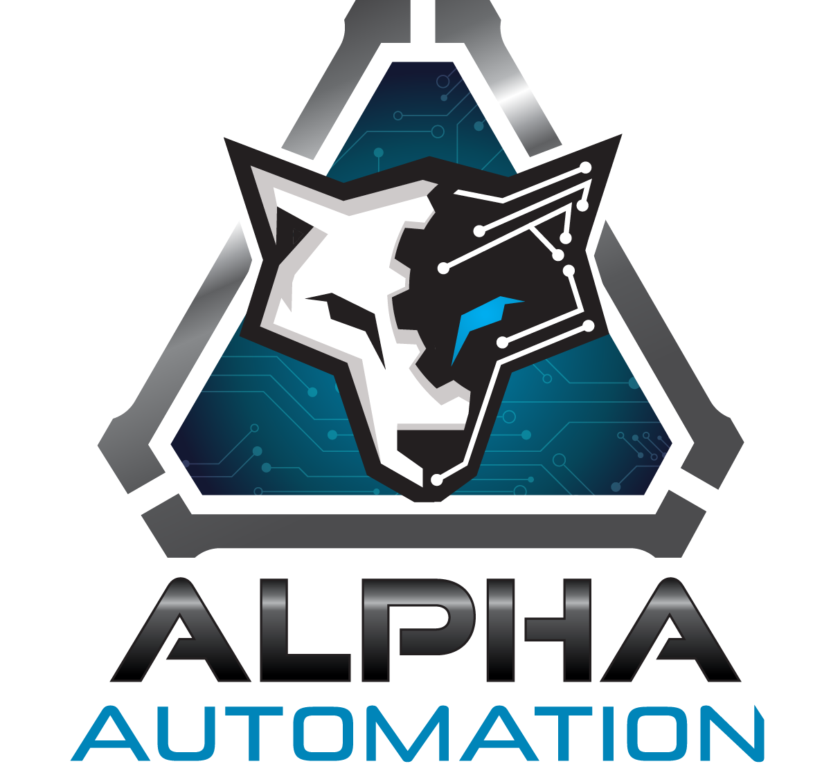 ALPHA AUTOMATION logo of a wolf with a technology background and one blue eye. MCC cabinet panel builders