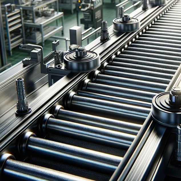 a conveyor belt with rollers in a factory