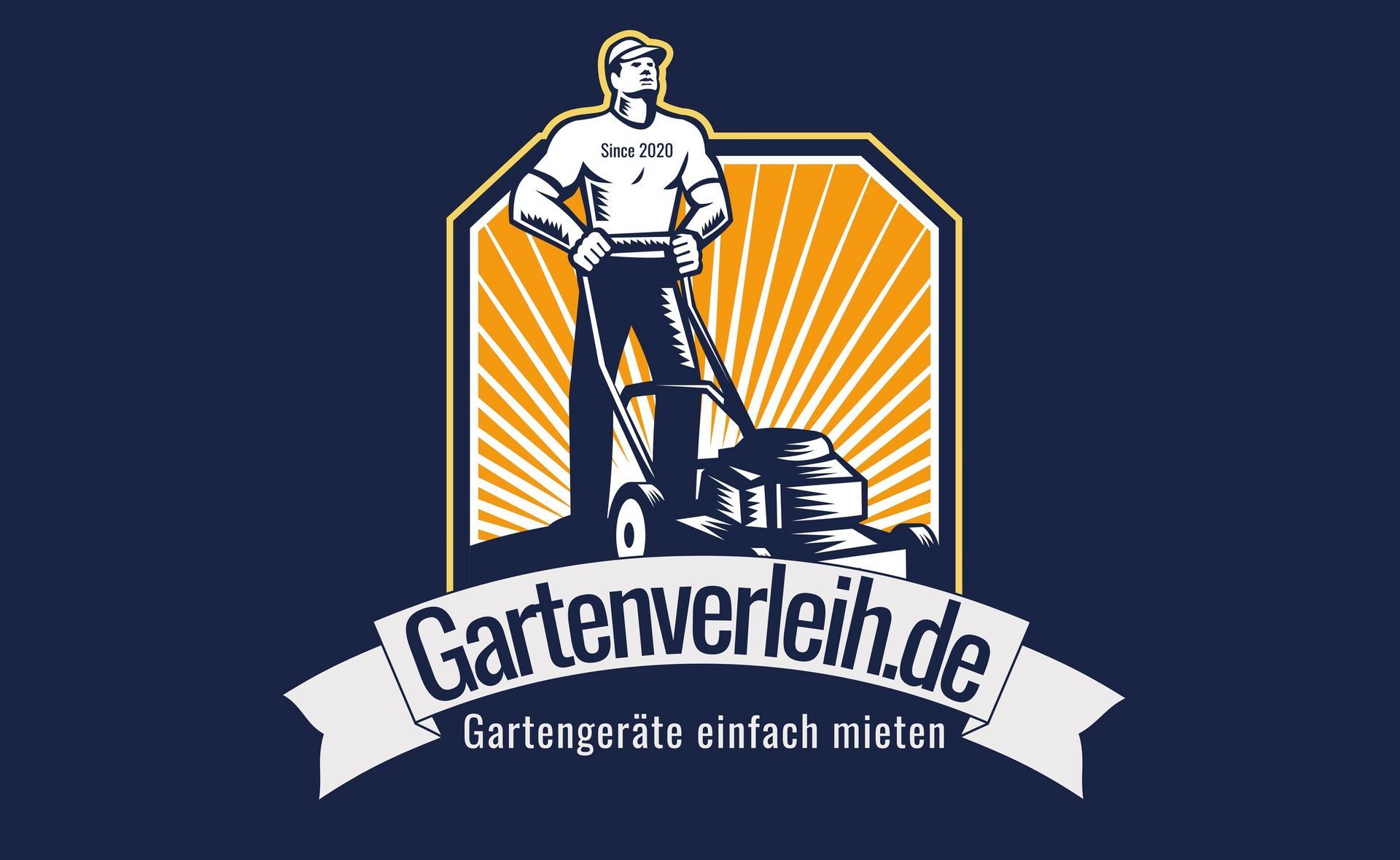 Ein Logo für gartenverleih.de zeigt einen Mann, der einen Rasenmäher schiebt