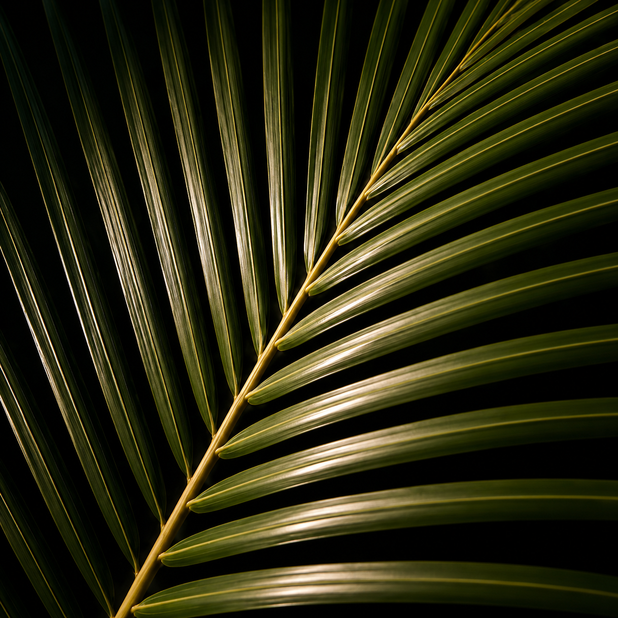 Close-up of a green palm frond with a diagonal golden stem against a dark background