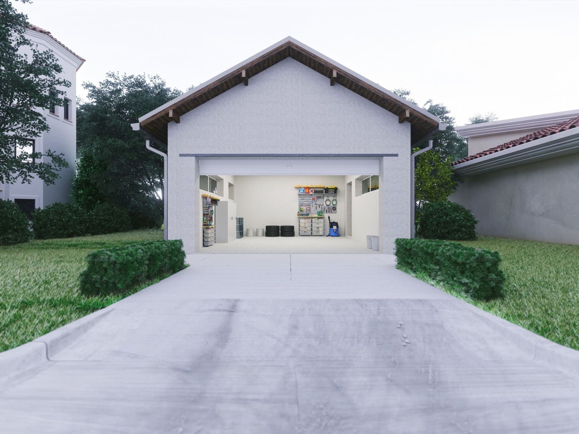 concrete driveway with garage door open