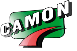 Un logo verde e rosso per camon su uno sfondo bianco