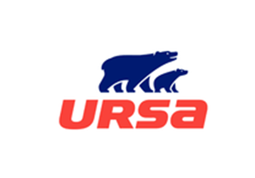Un logo blu e rosso per ursa con due orsi