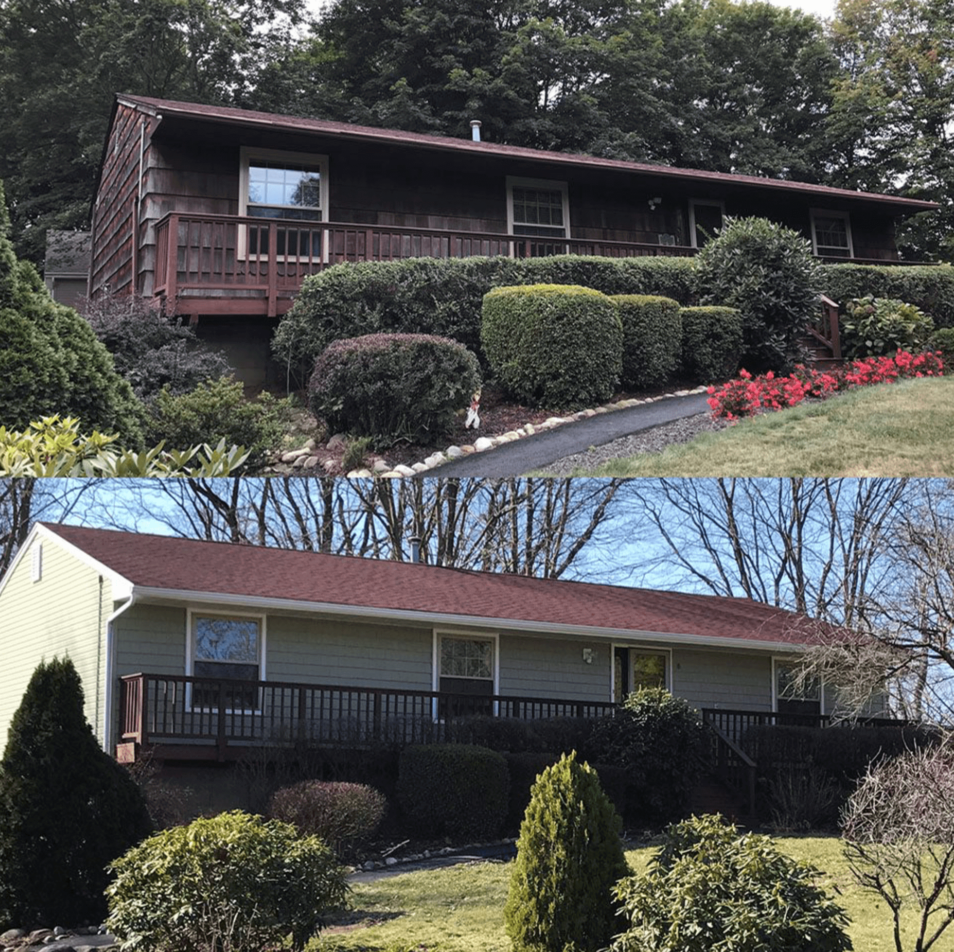Two similar houses with front porches, hedges, and trees in the yard.