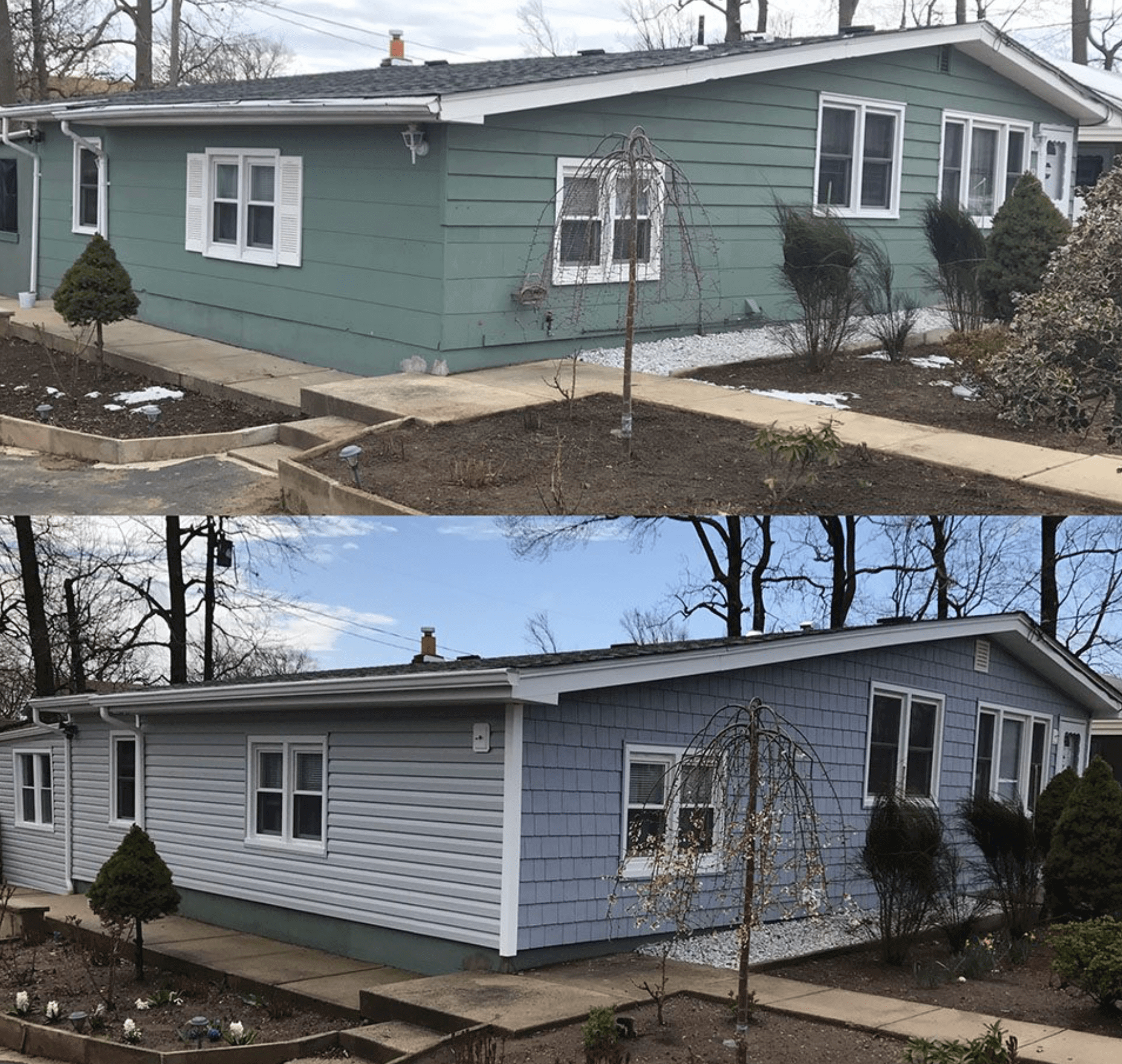 Before-and-after view of a house exterior with green siding changed to gray-blue siding.