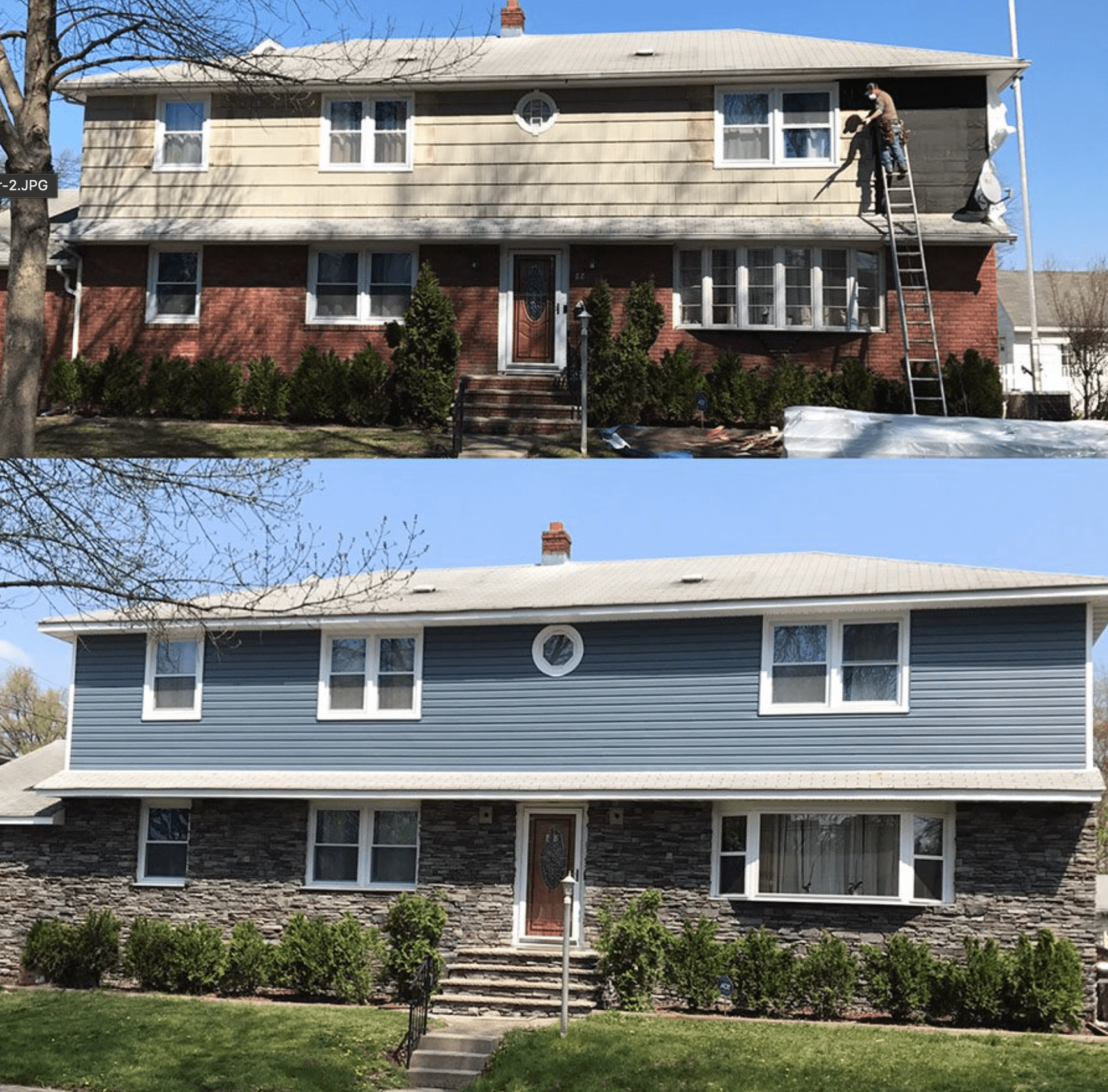 Before-and-after of a house exterior renovation, with workers painting the upper siding.