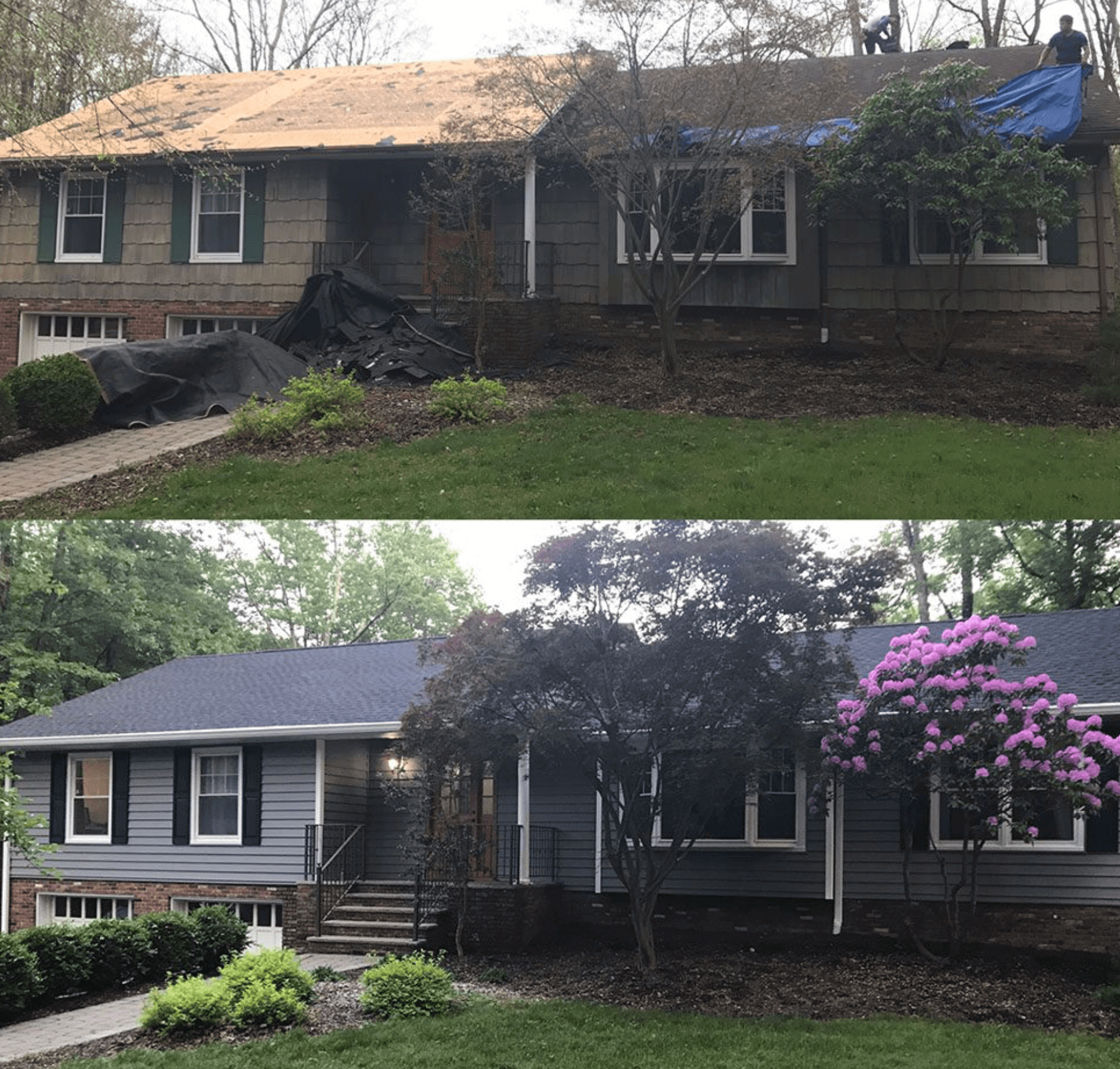 Before-and-after view of a house exterior with new siding, porch, and landscaping improvements