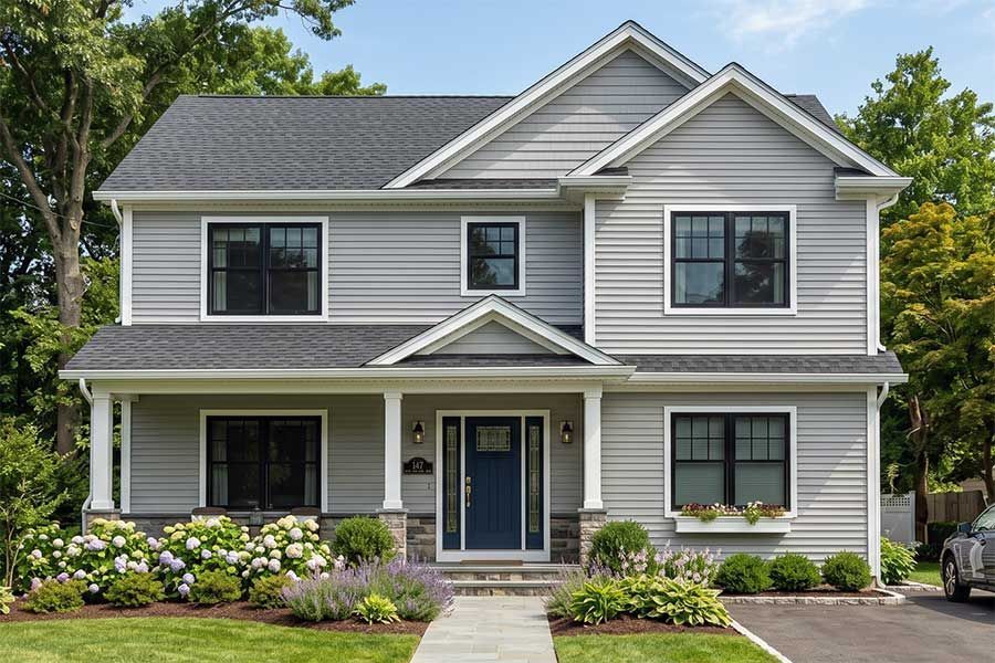 Gray two-story suburban house with white trim, dark front door, and a flower-lined front walkway