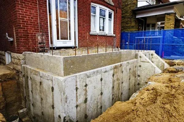 Concrete foundation walls added around a brick house with dirt and construction fencing nearby