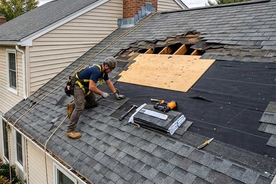 Worker installing roofing on a house, fastening black shingles over exposed plywood and old gray shingles