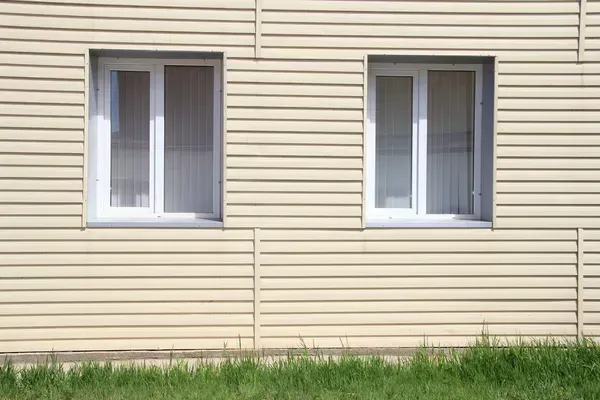 Beige house siding with two windows above a strip of green grass