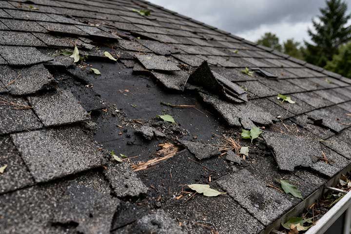 Damaged shingle roof with missing and torn shingles, debris scattered on the surface.