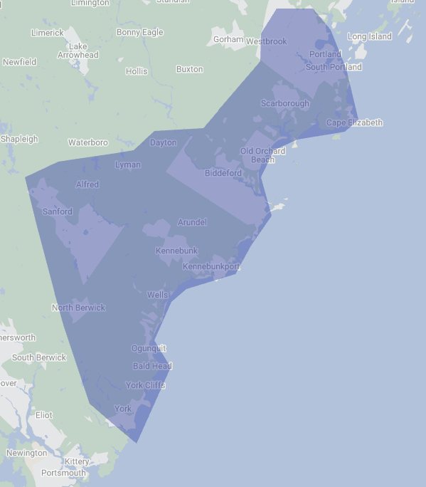 A map of the Southern Maine with a blue service area overlay.