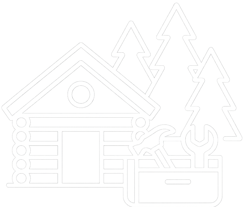 A line drawing of a cabin with trees and mountains in the background.