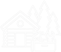 A line drawing of a cabin with trees and mountains in the background.