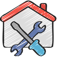 A drawing of a house with two crossed wrenches and a screwdriver.