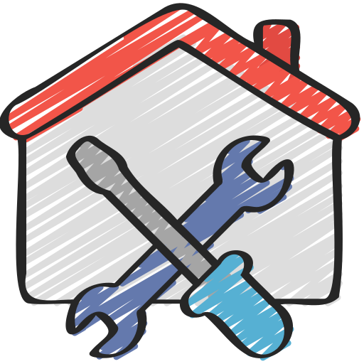 A drawing of a house with two crossed wrenches and a screwdriver.
