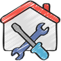 A drawing of a house with two crossed wrenches and a screwdriver.