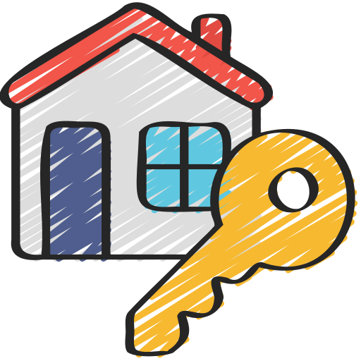A drawing of a house with a key in front of it.