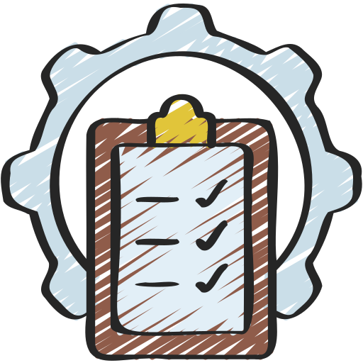 A clipboard with a checklist on it is surrounded by a gear.