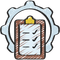 A clipboard with a checklist on it is surrounded by a gear.