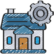 A drawing of a house with a gear on top of it.