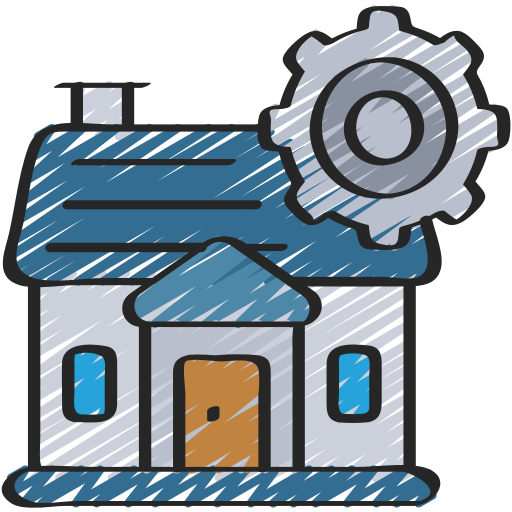 A drawing of a house with a gear on top of it.
