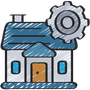 A drawing of a house with a gear on top of it.