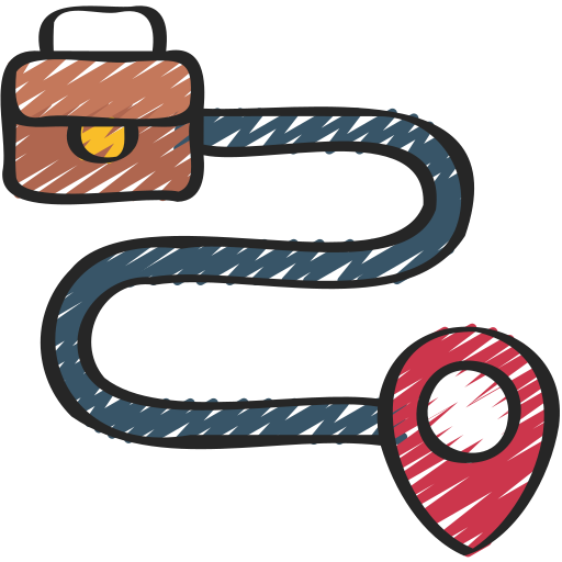 A drawing of a route with a briefcase and a map pin.