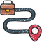 A drawing of a route with a briefcase and a map pin.