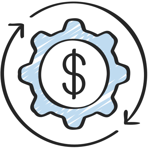 A gear with a dollar sign inside of it and two arrows around it.