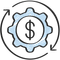A gear with a dollar sign inside of it and two arrows around it.