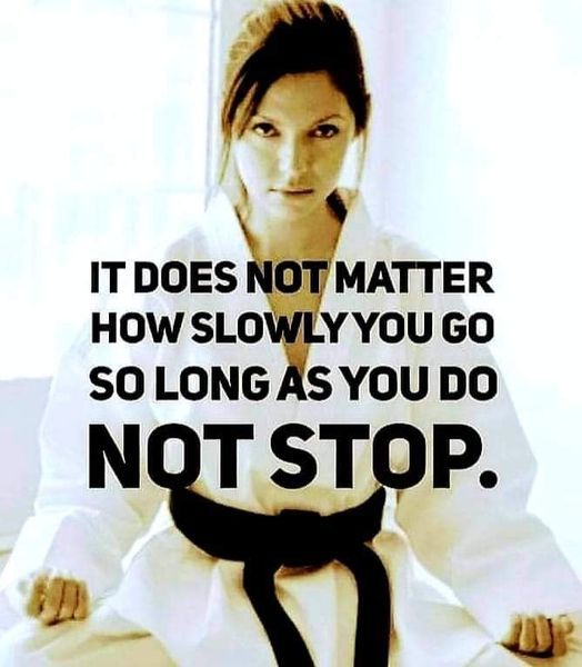 a woman in a karate uniform with a quote that says it does not matter how slowly you go so long as you do not stop