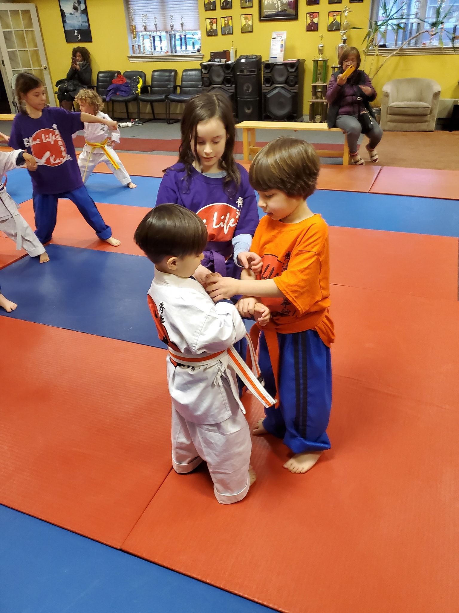 a group of young children are practicing martial arts in a gym .