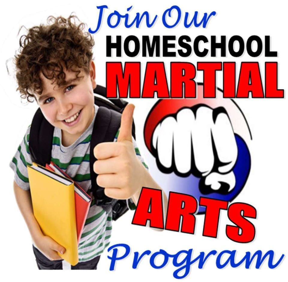 a boy is giving a thumbs up in front of a sign that says join our homeschool martial arts program