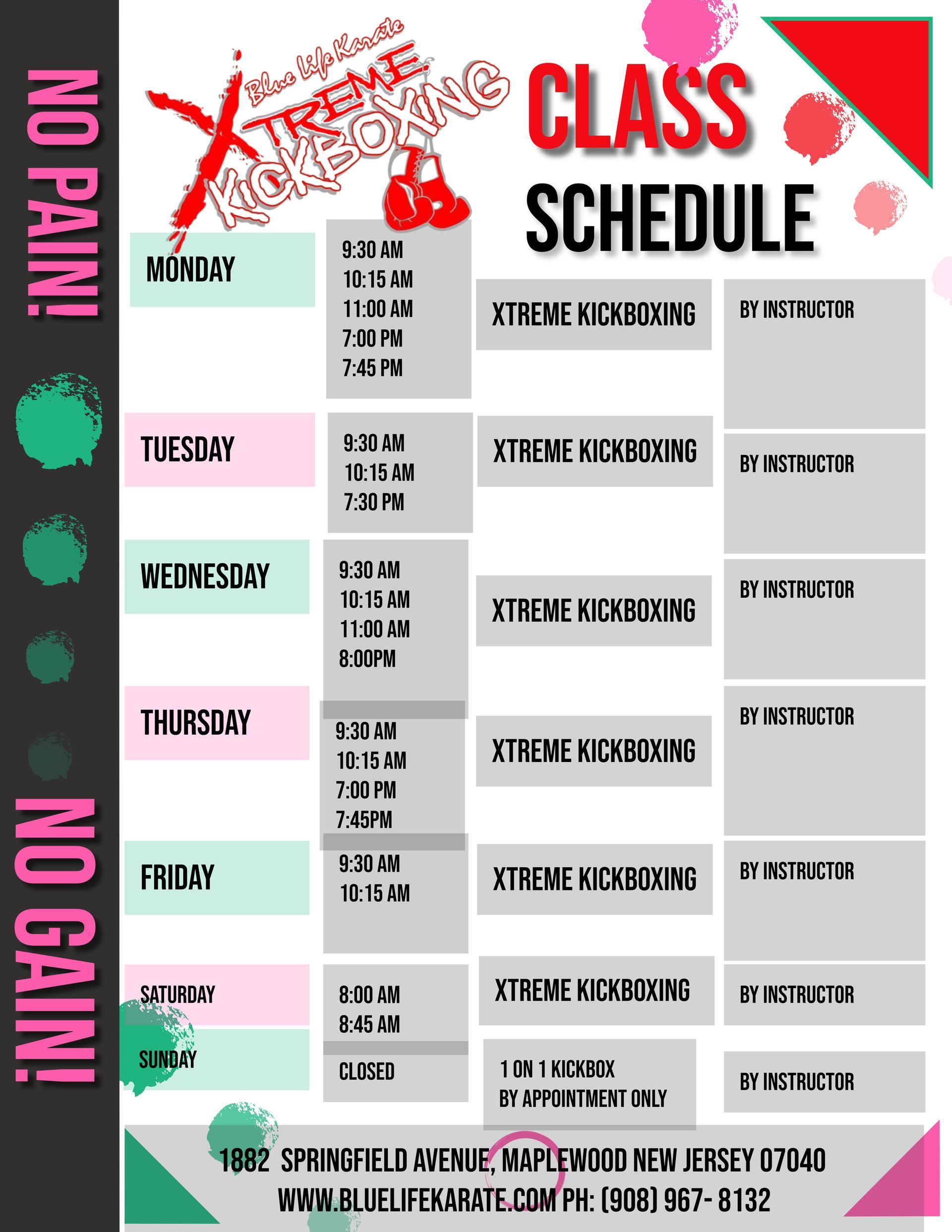 a poster for a class schedule that says no pain no gain