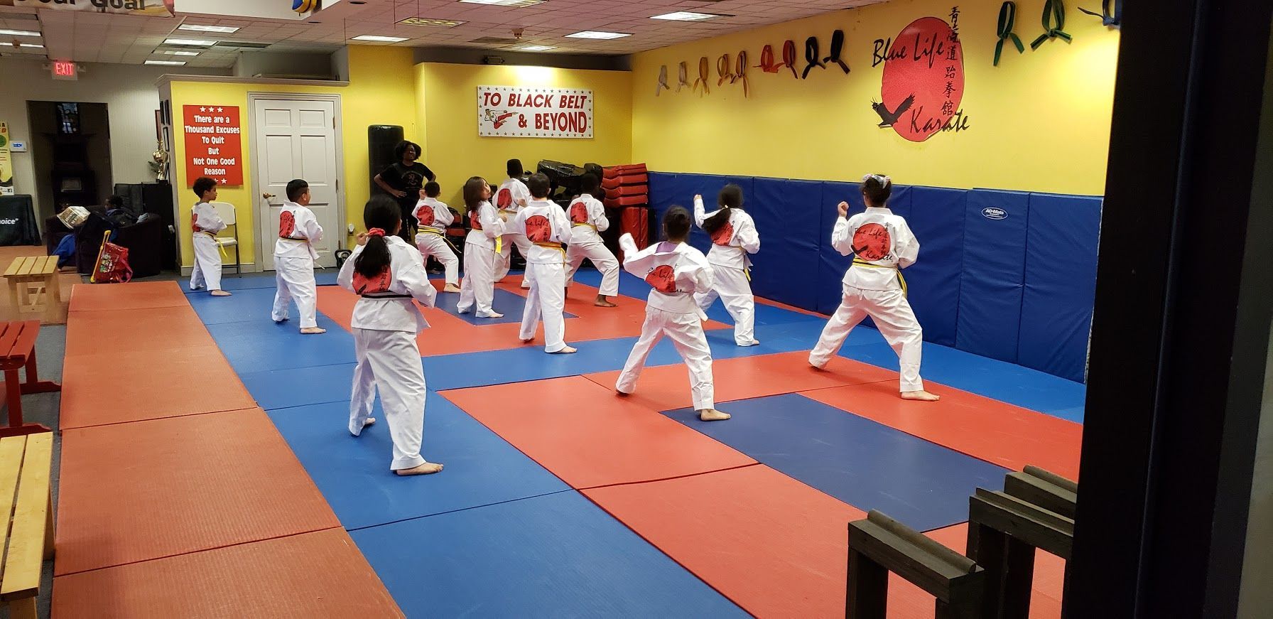 a group of children are practicing martial arts in a gym .