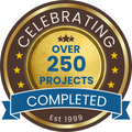 Emblem: Celebrating over 250 completed projects since 1997. Maroon and gold.
